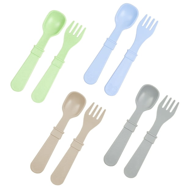 RE-PLAY Made in The USA White Eco Friendly Recycled Milk Jugs Grey |Glacier+ Sand 8pk Toddler Feeding Utensils Spoon and Fork Set Virtually Indestructible Ice Blue